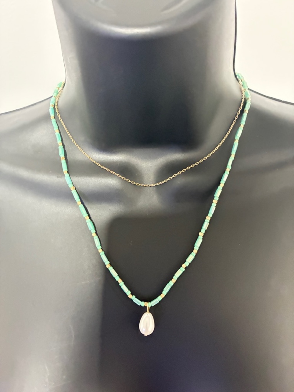 Gold Layered Turquoise Bead Necklace with Pearl Drop